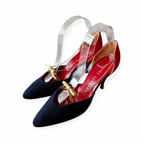 Vintage Herbert Levine Red & Navy D'Orsey Pumps with Gold Chain & bow trim, 7.5B - Picture 2 of 16